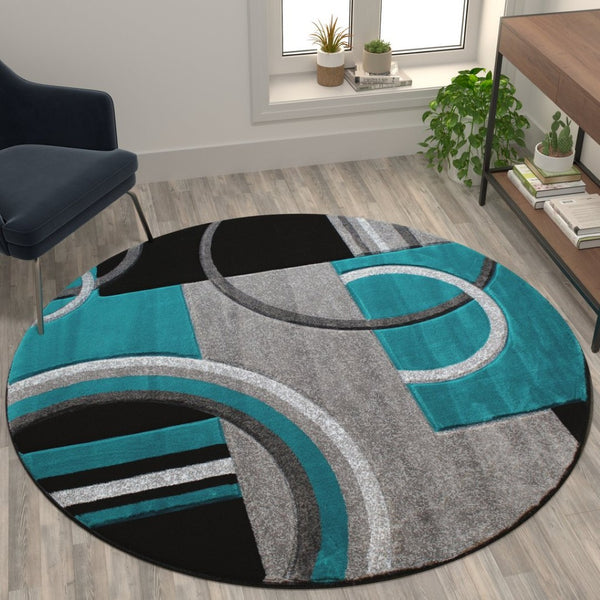 English Elm Audra Collection Modern Geometric Abstract Area Rug - Soft, Stain-Resistant Olefin for High-Traffic Areas Turquoise 5' Round KP-RG953-55-TQ-GG