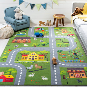 Safavieh Kids Playhouse Road & Countryside Rug 9X12 - Dark Green Light Grey, Durable Polyamide, Low-Profile Backed KPH235Y-9
