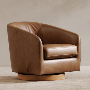 Moe's Home Oscy Leather Swivel Chair - Luxurious 360° Functionality With Solid Wood Base And Timeless Design Brown Upholstery, 100% Top Grain Leather,Solid Wood Base,Pine And Poplar Frame Kq-1015-40