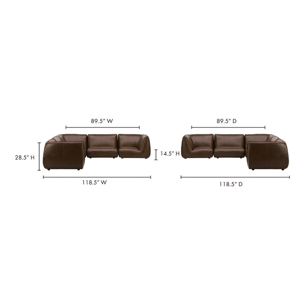 Moe's Home Zeppelin Modular Leather Sectional Sofa - Stylish 70's Inspired Design With Luxurious Comfort And Elegance Brown 100% Top Grain Leather,Solid Wood And Plywood Construction Kq-1020-03