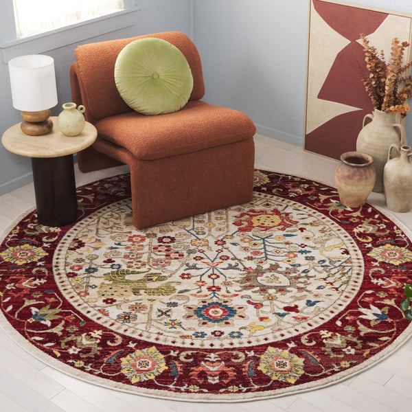 Safavieh Kashan 303D Ivory Red Round Rug 3'3" X 3'3" — Power-Loomed Turkey, Low Pile, Stain-Resistant Charm KSN303D-3R