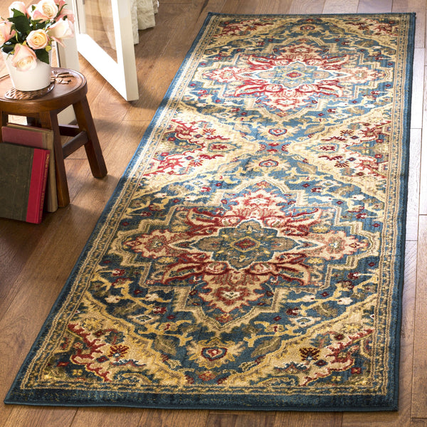 Safavieh Kashan Traditional Medallion Runner In Calming Blue & Beige — Durable Power-Loomed Turkish Design For Hallways 2'-6" x 14'-0" KSN304B-214