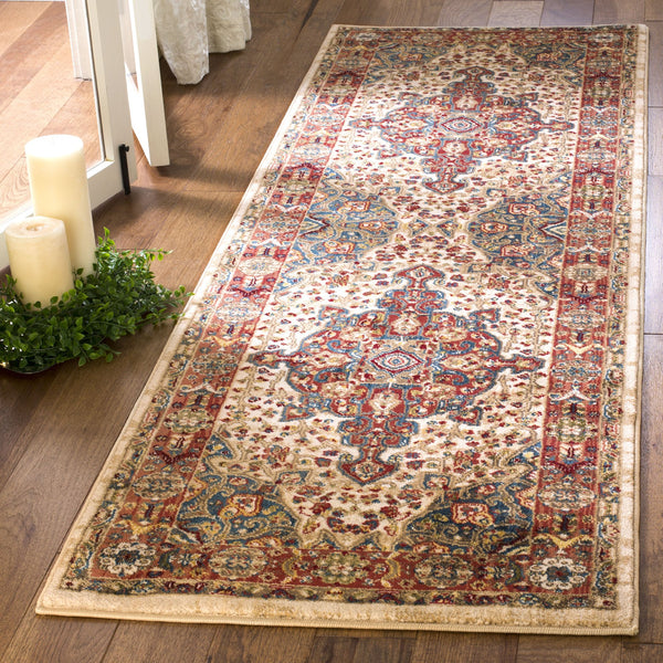 Safavieh Kashan Ivory-Blue Runner 2'6"X10' — Power-Loomed Turkish Hallway Rug, Low-Profile Stain-Resistant Elegance KSN305B-210