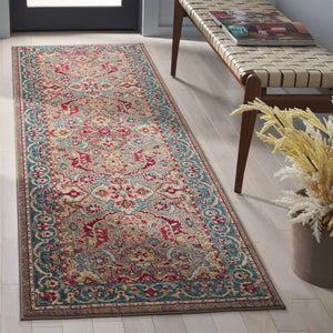 Safavieh Kashan Traditional Taupe & Blue Runner 2'6" X 16' — Power-Loomed Turkey, Low-Profile Durable Pile KSN307E-216
