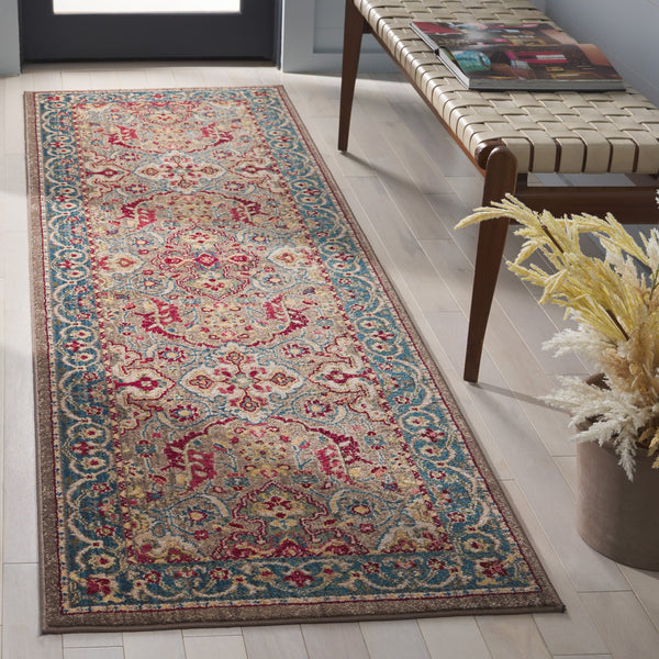 Safavieh Kashan Traditional Taupe & Blue Runner 2'6" X 16' — Power-Loomed Turkey, Low-Profile Durable Pile KSN307E-216