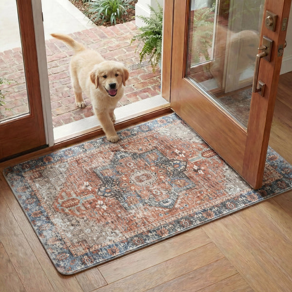 Safavieh Kitchen Mat With Rust & Aqua Traditional Motif — Low-Profile Pvc Rug, Slip-Resistant Comfort 1'-6" x 4'-0" KTM114Q-164