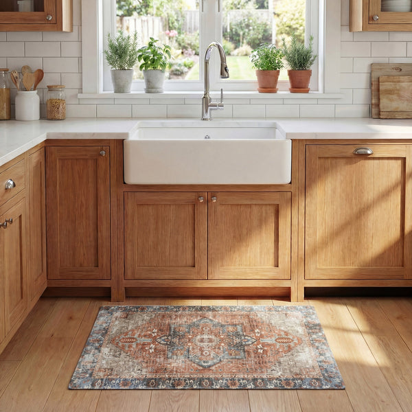 Safavieh Kitchen Mat With Rust & Aqua Traditional Motif — Low-Profile Pvc Rug, Slip-Resistant Comfort 1'-6" x 4'-0" KTM114Q-164