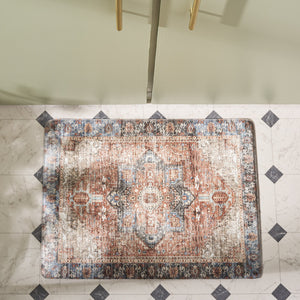 Safavieh Kitchen Mat With Rust & Aqua Traditional Motif — Low-Profile Pvc Rug, Slip-Resistant Comfort 1'-6" x 4'-0" KTM114Q-164