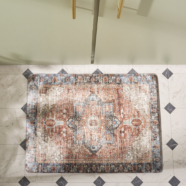 Safavieh Kitchen Mat With Rust & Aqua Traditional Motif — Low-Profile Pvc Rug, Slip-Resistant Comfort 1'-6" x 4'-0" KTM114Q-164