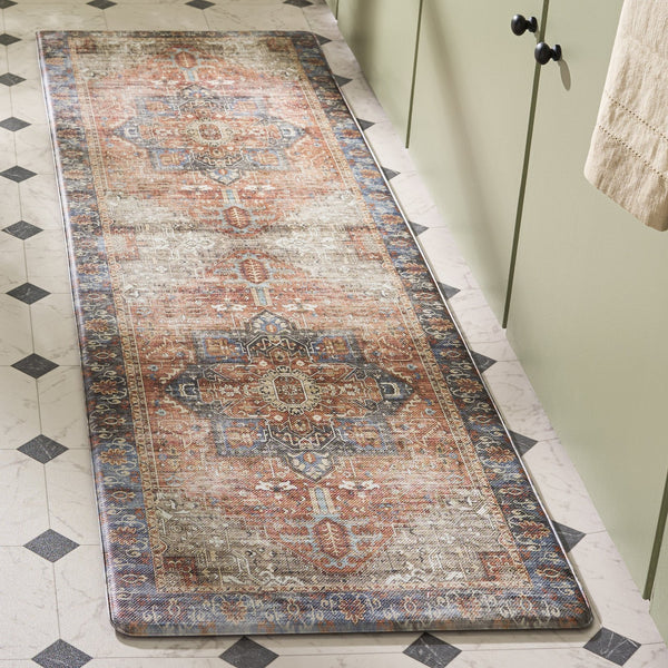 Safavieh Kitchen Mat In Rust & Aqua Traditional Runner Design — Low-Profile, Durable Pvc, Slip-Resistant Comfort 1'-6" x 5'-0" KTM114Q-165