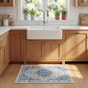 Safavieh Kitchen Traditional Beige And Blue Accent Area Rug — Low-Profile Pvc Runner, Slip-Resistant Elegance 1'-6" x 5'-0" KTM116B-165