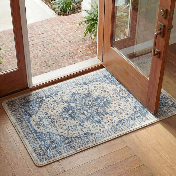 Safavieh Kitchen Traditional Beige And Blue Accent Area Rug — Low-Profile Pvc Runner, Slip-Resistant Elegance 1'-6" x 5'-0" KTM116B-165