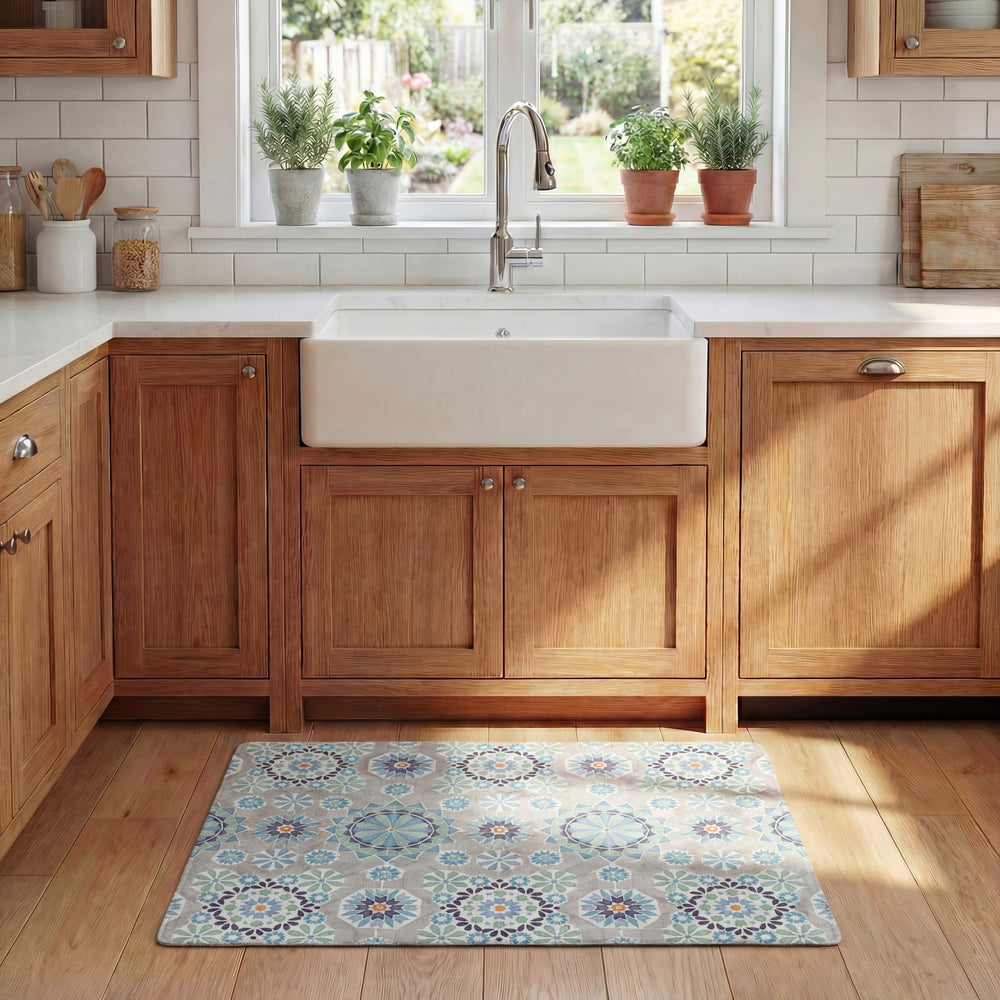 Safavieh Kitchen Ivory And Blue Floral Accent Mat With Cushioning Pvc, Slip-Resistant Backing For High-Traffic Areas 1'-6" x 4'-0" KTM517A-164