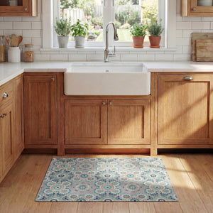 Safavieh Kitchen Floral Accent Mat In Grey Blue — Slip-Resistant Pvc Power-Loomed Rug, Soft Low-Profile Comfort And Durable Everyday Performance 1'-6" x 5'-0" KTM518F-165