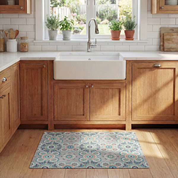 Safavieh Kitchen Floral Accent Mat In Grey Blue — Slip-Resistant Pvc Power-Loomed Rug, Soft Low-Profile Comfort And Durable Everyday Performance 1'-6" x 5'-0" KTM518F-165