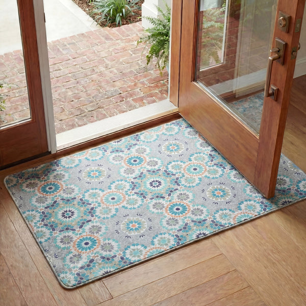 Safavieh Kitchen Floral Accent Mat In Grey Blue — Slip-Resistant Pvc Power-Loomed Rug, Soft Low-Profile Comfort And Durable Everyday Performance 1'-6" x 5'-0" KTM518F-165