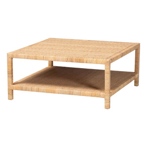 Baxton Studio Bali & Pari Kalimantan Handcrafted Rattan and Mahogany Square Coffee Table with Shelf Kalimantan-Mod2-Square-Rattan-Coffee Table