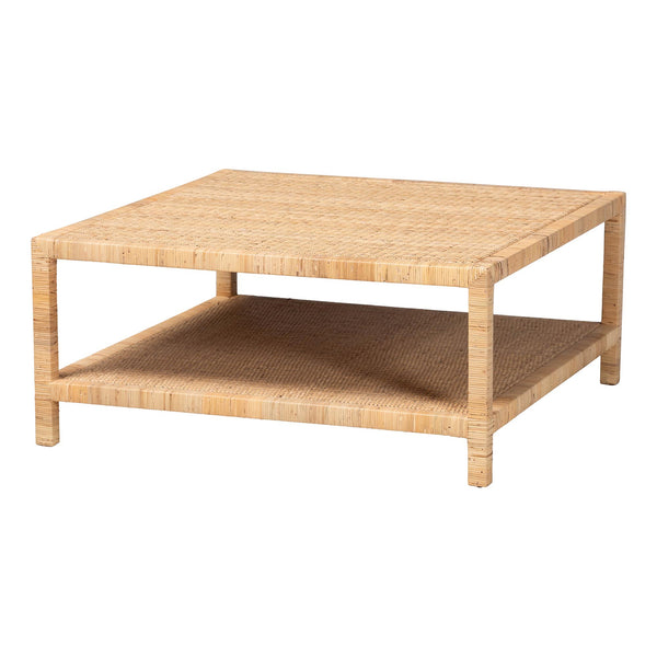 Baxton Studio Bali & Pari Kalimantan Handcrafted Rattan and Mahogany Square Coffee Table with Shelf Kalimantan-Mod2-Square-Rattan-Coffee Table
