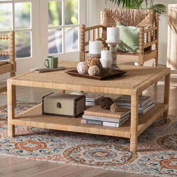 Bali & Pari Kalimantan Handcrafted Rattan and Mahogany Square Coffee Table with Shelf