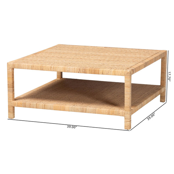 Bali & Pari Kalimantan Handcrafted Rattan and Mahogany Square Coffee Table with Shelf