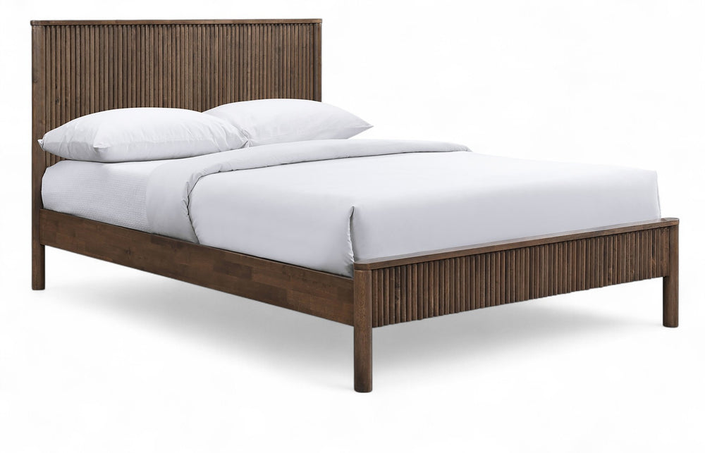 Meridian Furniture Kivo Solid Wood Full Bed with Slatted Headboard Mid-century Modern Bedroom Frame Walnut KivoBrown-F