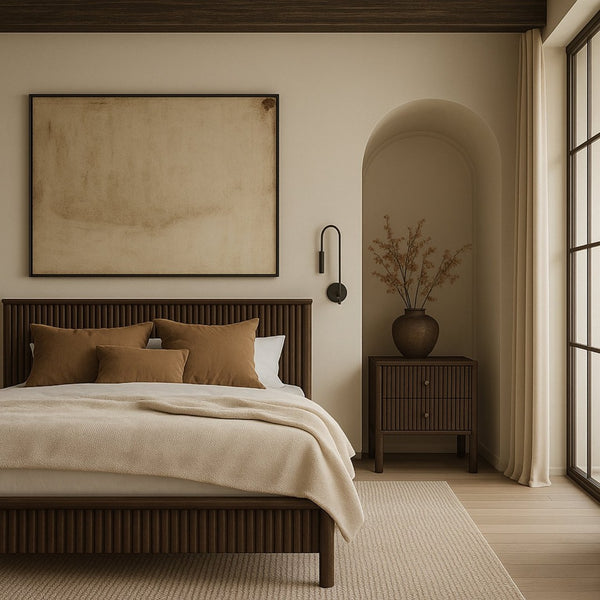 Meridian Furniture Kivo Solid Wood Full Bed with Slatted Headboard Mid-century Modern Bedroom Frame Walnut KivoBrown-F