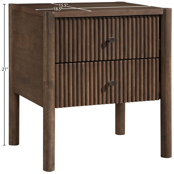 Meridian Furniture Kivo Solid Wood 2 Drawer Nightstand with Slatted Fronts and Tapered Legs Mid-century Bedroom Walnut KivoBrown-NS
