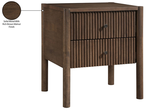 Meridian Furniture Kivo Solid Wood 2 Drawer Nightstand with Slatted Fronts and Tapered Legs Mid-century Bedroom Walnut KivoBrown-NS