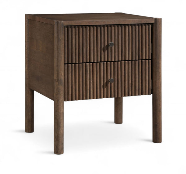 Meridian Furniture Kivo Solid Wood 2 Drawer Nightstand with Slatted Fronts and Tapered Legs Mid-century Bedroom Walnut KivoBrown-NS