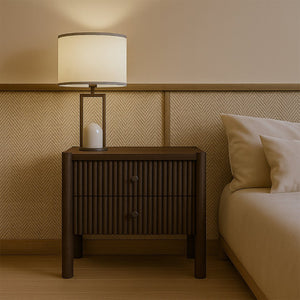 Meridian Furniture Kivo Solid Wood 2 Drawer Nightstand with Slatted Fronts and Tapered Legs Mid-century Bedroom Walnut KivoBrown-NS