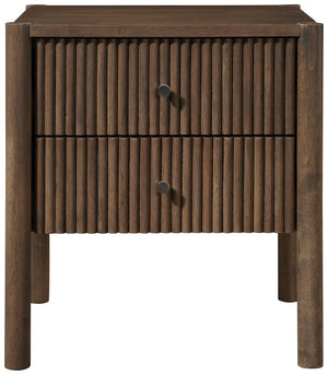 Meridian Furniture Kivo Solid Wood 2 Drawer Nightstand with Slatted Fronts and Tapered Legs Mid-century Bedroom Walnut KivoBrown-NS