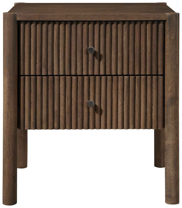 Meridian Furniture Kivo Solid Wood 2 Drawer Nightstand with Slatted Fronts and Tapered Legs Mid-century Bedroom Walnut KivoBrown-NS