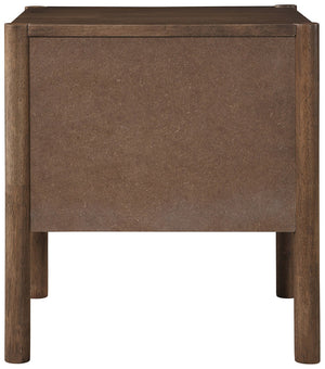 Meridian Furniture Kivo Solid Wood 2 Drawer Nightstand with Slatted Fronts and Tapered Legs Mid-century Bedroom Walnut KivoBrown-NS