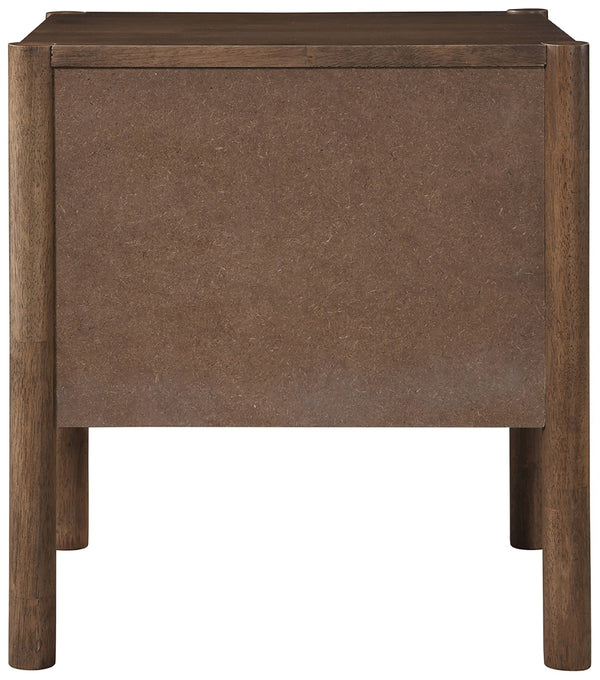 Meridian Furniture Kivo Solid Wood 2 Drawer Nightstand with Slatted Fronts and Tapered Legs Mid-century Bedroom Walnut KivoBrown-NS