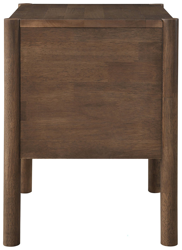 Meridian Furniture Kivo Solid Wood 2 Drawer Nightstand with Slatted Fronts and Tapered Legs Mid-century Bedroom Walnut KivoBrown-NS