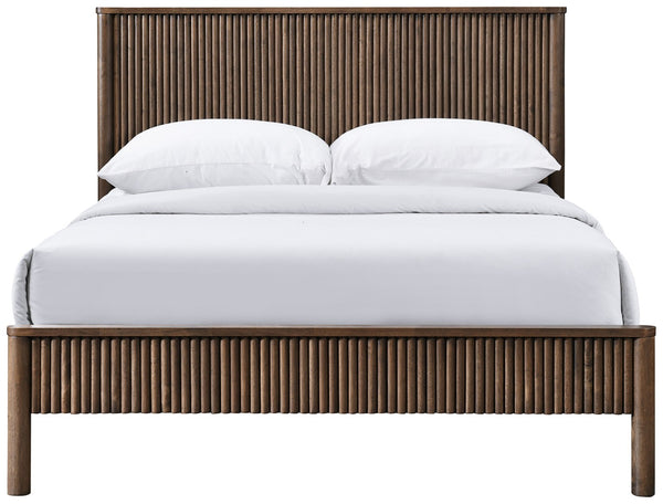 Meridian Furniture Kivo Solid Wood Queen Bed with Slatted Headboard Mid-century Modern Bedroom Frame Walnut KivoBrown-Q