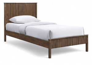 Meridian Furniture Kivo Solid Wood Twin Bed with Slatted Headboard for Modern and Mid-century Style Bedrooms Walnut KivoBrown-T