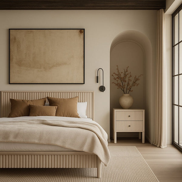 Meridian Furniture Kivo Solid Wood Queen Bed with Slatted Headboard Mid-century Modern Bedroom Frame Natural KivoNatural-Q