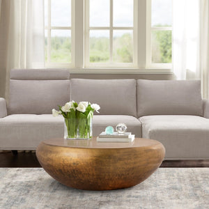 Pasargad Home Helios Modern Brass Drum Shape Coffee Table For Stylish Living Room Decor Brass Iron Prr-033