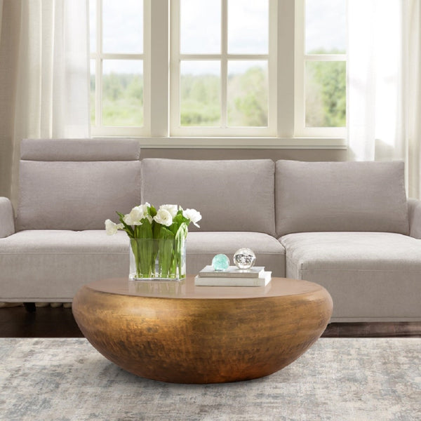 Pasargad Home Helios Modern Brass Drum Shape Coffee Table For Stylish Living Room Decor Brass Iron Prr-033