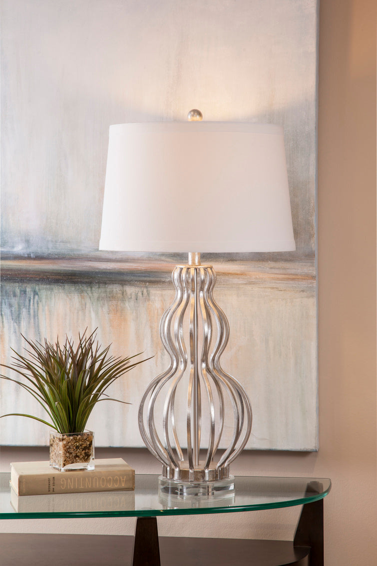 Basset Mirror Sophie Table Lamp - Elegant Three-tier Design With Silver Leaf Finish For Luxurious Living Spaces Silver Metal,Hard Back Linen Shade L3341t