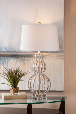 Basset Mirror Sophie Table Lamp - Elegant Three-tier Design With Silver Leaf Finish For Luxurious Living Spaces Silver Metal,Hard Back Linen Shade L3341t