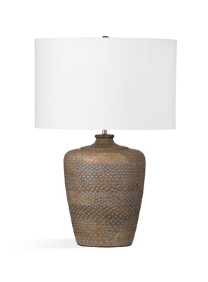 Basset Mirror Rison Table Lamp - Artisan Crafted Mango Wood With Unique Carved Circles And Elegant Drum Shade Brown Mango Wood,Hard Back Linen Shade L4213t