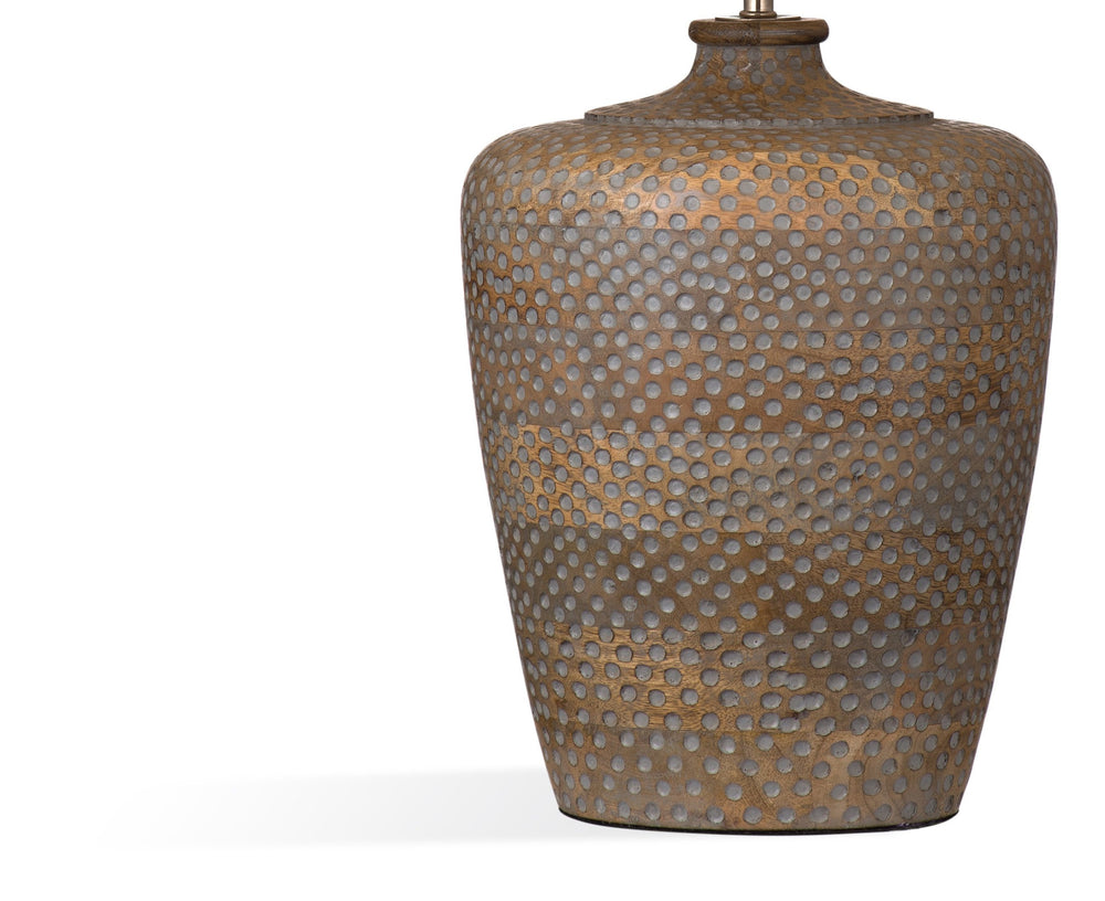 Basset Mirror Rison Table Lamp - Artisan Crafted Mango Wood With Unique Carved Circles And Elegant Drum Shade Brown Mango Wood,Hard Back Linen Shade L4213t
