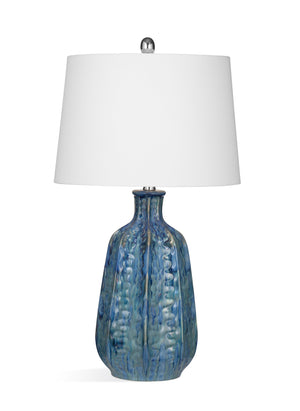Basset Mirror Tee Table Lamp - Modern Coastal Elegance With Soothing Blue Glaze & Soft White Drum Shade Blue Ceramic,Hard Back Linen Shade L4290t