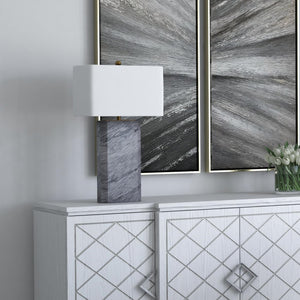 Basset Mirror Leed Table Lamp - Modern Gray Marble Base With Elegant White Linen Shade For Home & Office Décor Gray Marble,Hard Back Linen Shade L4296t