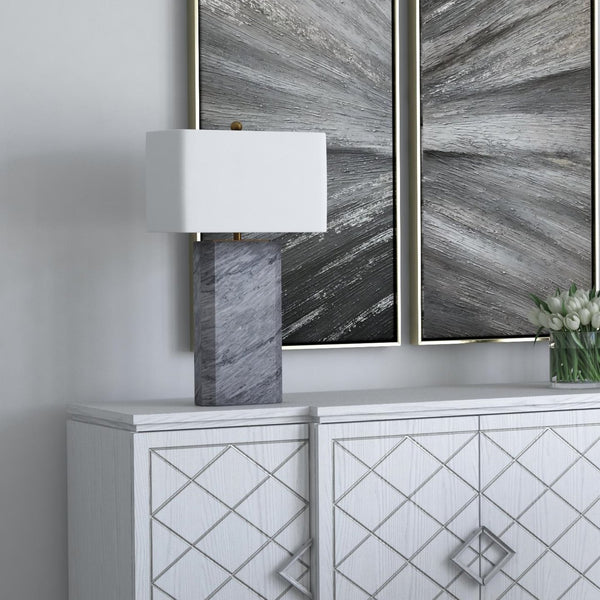Basset Mirror Leed Table Lamp - Modern Gray Marble Base With Elegant White Linen Shade For Home & Office Décor Gray Marble,Hard Back Linen Shade L4296t