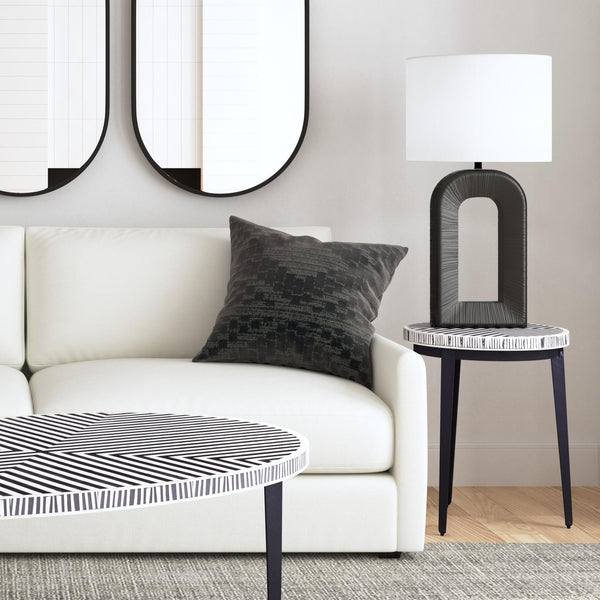 Basset Mirror Leers Table Lamp - Elegant Metal Design With Stylish Drum Shade For Modern Home Decor Illumination Black Metal,Hard Back Linen Shade L4351t