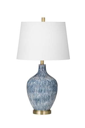 Basset Mirror Montego Table Lamp - Elegant Ceramic And Metal Design With Tapered Shade, Antique Brass Finish & 3-way Switch Blue Ceramic,Metal,Hard Back Linen Shade L4375t