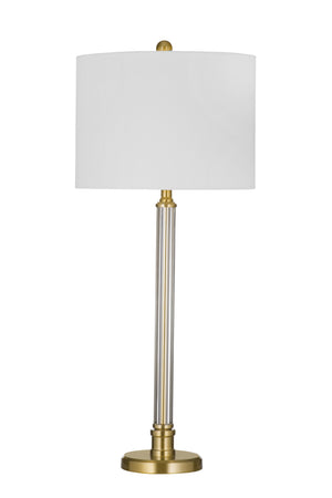 Basset Mirror Yukon Table Lamp - Elegant Glass & Metal Design With White Drum Shade For Timeless Home Décor Brass Glass ,Metal,Hard Back Linen Shade L4391t
